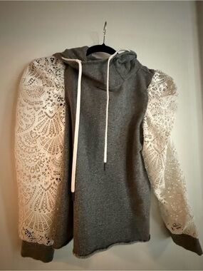 Alice + Olivia Gray Hoodie with White Lace Puff Sleeves